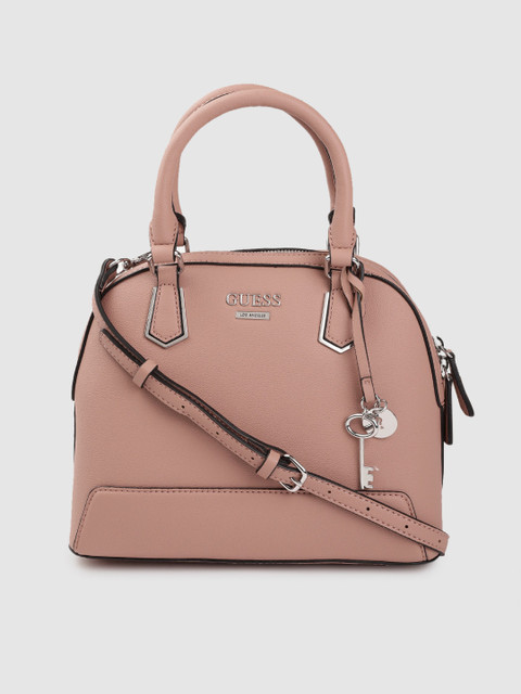 

GUESS Peach-Coloured Solid Structured Handheld Bag with Tab & Pouch