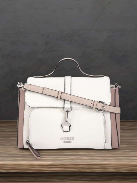 

GUESS White Saffiano Textured Structured Satchel with Detachable Sling Strap & Pouch