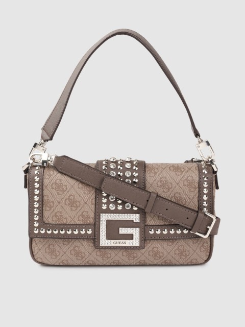 

GUESS Beige & Coffee Brown Checked Brand Logo Printed Structured Shoulder Bag with Pouch