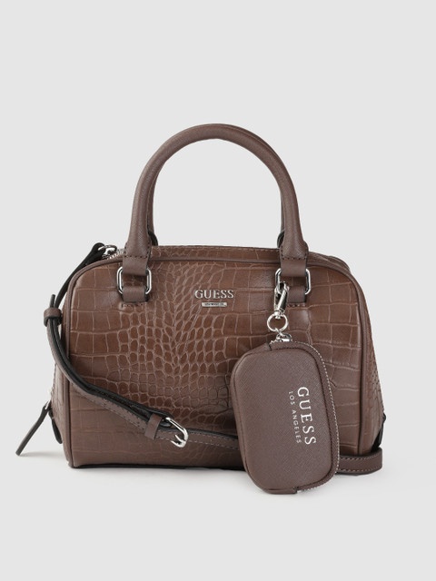 

GUESS Brown Croc Textured Handheld Bag