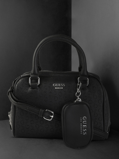 

GUESS Women Black Brand Logo Textured Structured Handheld Bag with Pouch