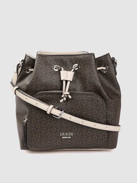 

GUESS Coffee Brown & Beige Brand Logo Printed Bucket Sling Bag with Pouch