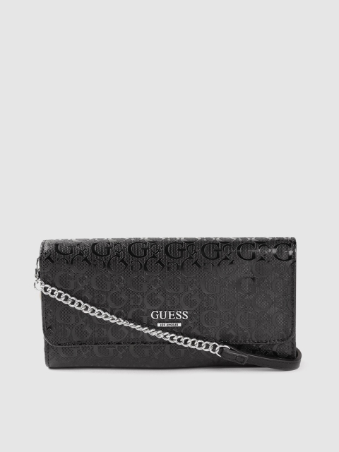 

GUESS Women Black Brand Logo Textured Three Fold Wallet with Sling Strap