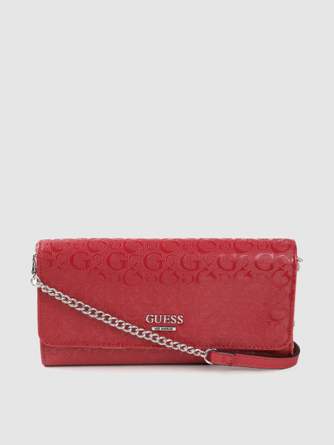 

GUESS Women Red Brand Logo Textured Three Fold Wallet with Sling Strap