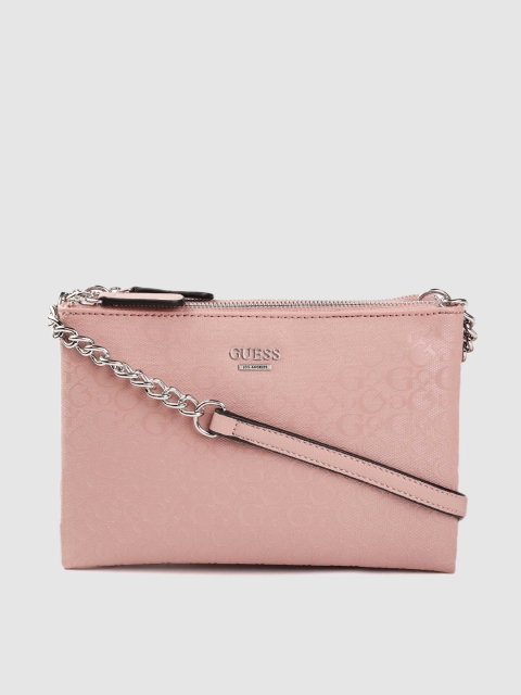 

GUESS Peach-Coloured Brand Logo Textured Structured Sling Bag & Non-Detachable Sling Strap