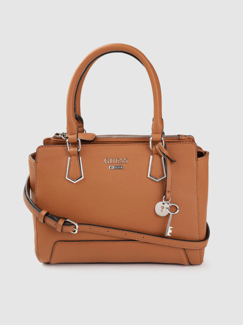 

GUESS Tan Brown Solid Swagger Handheld Bag with Tab Detachable Sling Strap & Pouch