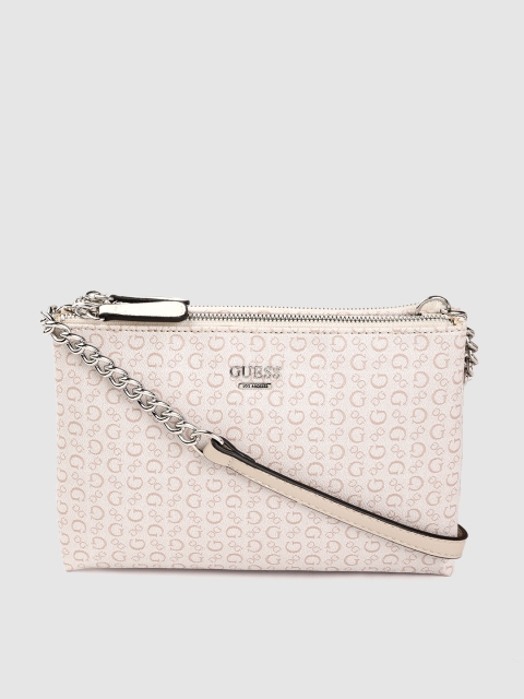 

GUESS Off-White & Beige Brand Logo Print Structured Sling Bag