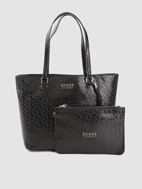 

GUESS Black Brand Logo Textured Structured Shoulder Bag with Pouch & Fabric Bag