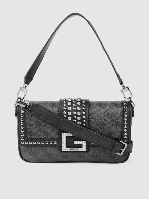 

GUESS Grey & Black Bran Logo Print Structured Handheld Bag