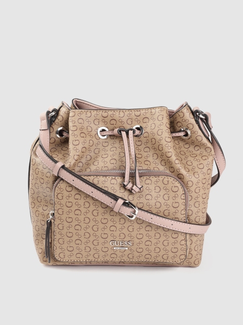 

GUESS Beige Brand Logo Printed Bucket Sling Bag