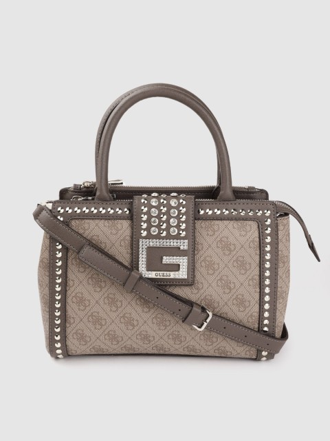 

GUESS Beige & Brown Brand Logo Printed Handheld Bag