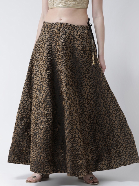 

TULIP 21 Women Black & Gold-Coloured Self Design Pure Silk Flared Maxi-Length Skirt