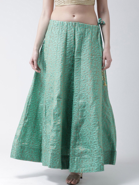 

TULIP 21 Women Sea Green & Gold-Toned Self Design Pure Silk Flared Maxi Skirt