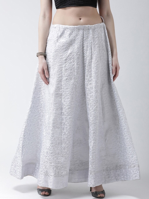 

TULIP 21 White Floral Pure Silk Jacquard Maxi Flared Skirt