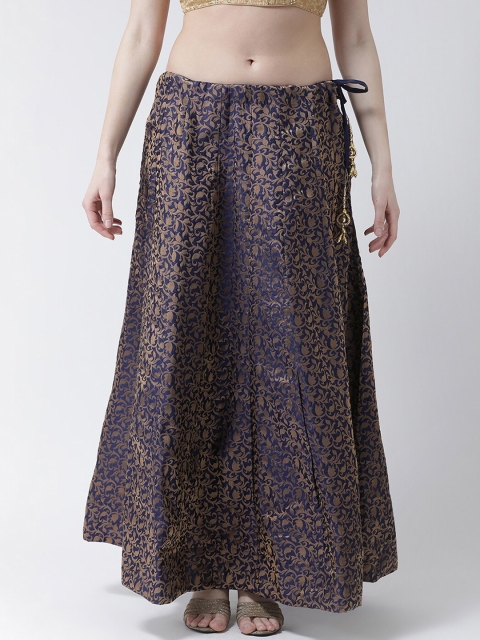 

TULIP 21 Navy Blue & Gold Coloured Self Design Pure Silk Flared Maxi-Length Skirt