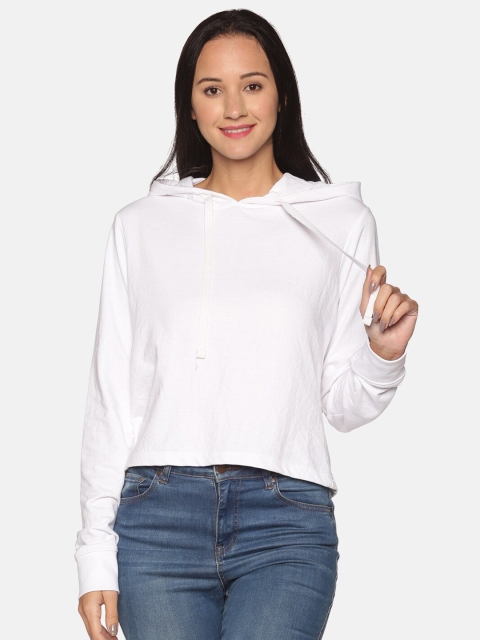 

BEVERLY BLUES Women White Solid Cotton Hooded Sweatshirt