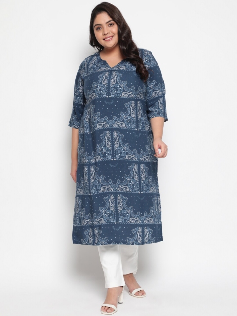 

Amydus Women Plus Size Blue Ethnic Motifs Printed Liva Kurta