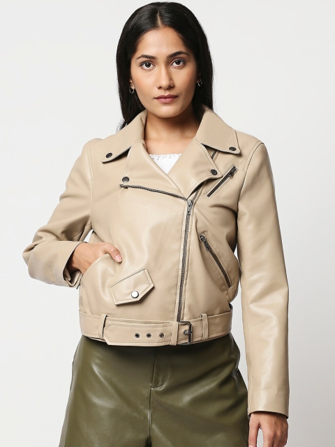 

20Dresses Women Beige Leather Crop Biker Jacket