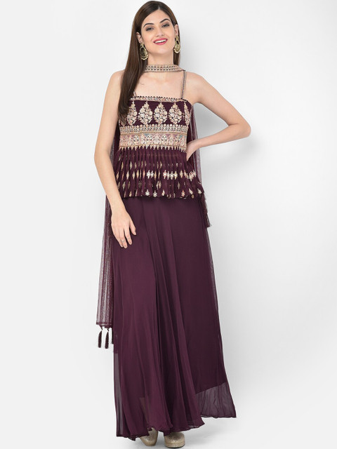 

Neerus Women Burgundy Embroidered Regular Silk Georgette Top with Palazzos & Dupatta