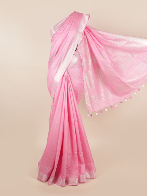 

Pothys Pink & Silver-Coloured Zari Linen Blend Saree