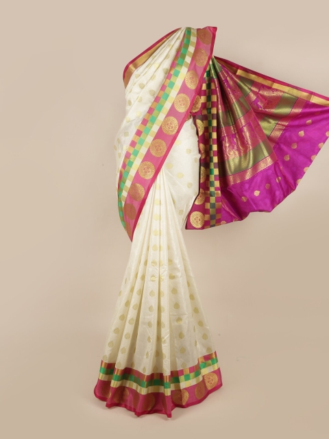 

Pothys Cream-Coloured & Purple Floral Art Silk Saree