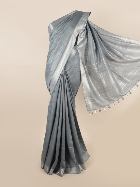 

Pothys Grey & Silver-Toned Striped Linen Blend Saree