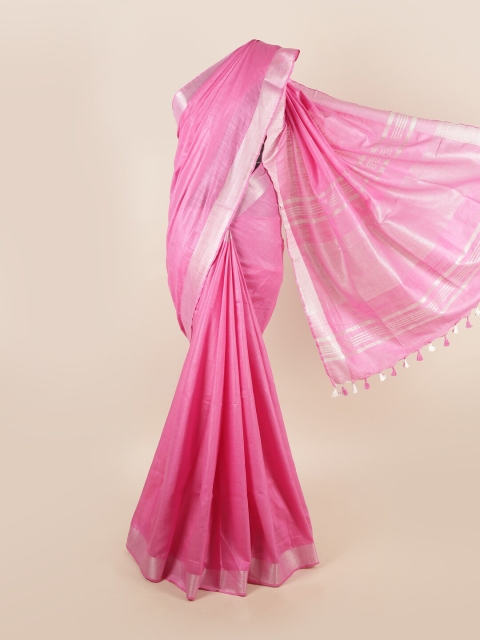 

Pothys Pink & Silver-Toned Striped Beads and Stones Linen Blend Saree