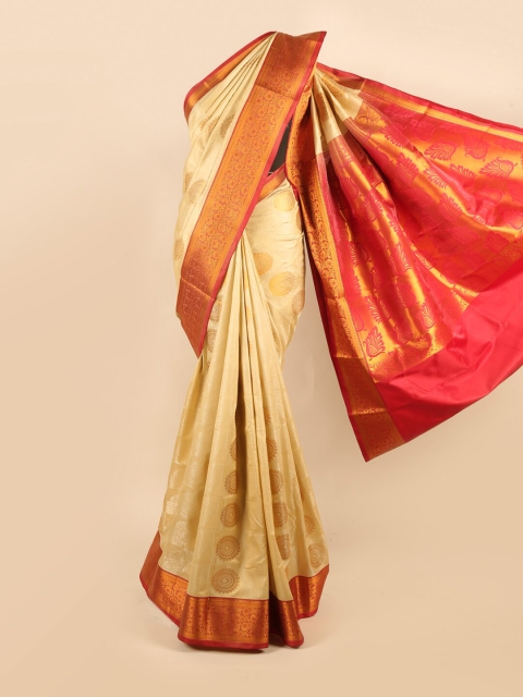 

Pothys Cream-Coloured & Red Ethnic Motifs Zari Art Silk Saree