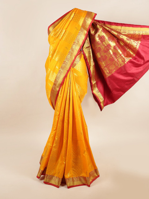 

Pothys Yellow & Maroon Ethnic Motifs Zari Art Silk Saree