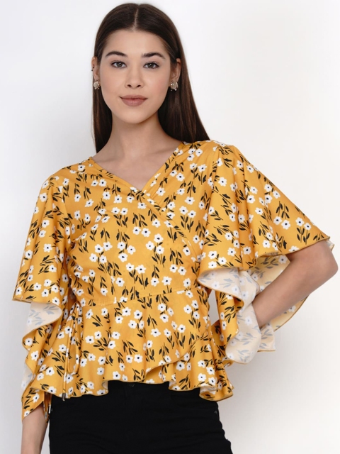

Texco Mustard Yellow Floral Wrap Top