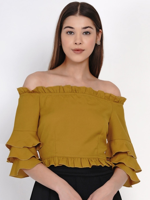 

Texco Mustard Yellow Off-Shoulder Ruffles Bardot Crop Top