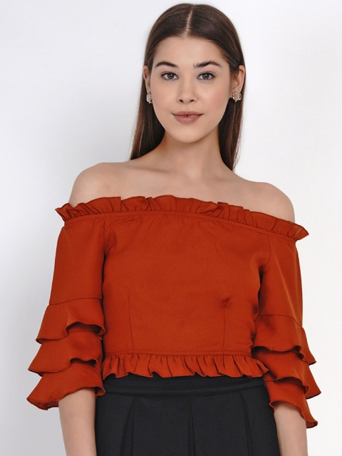 

Texco Rust Off-Shoulder Ruffles Bohemian Bardot Top