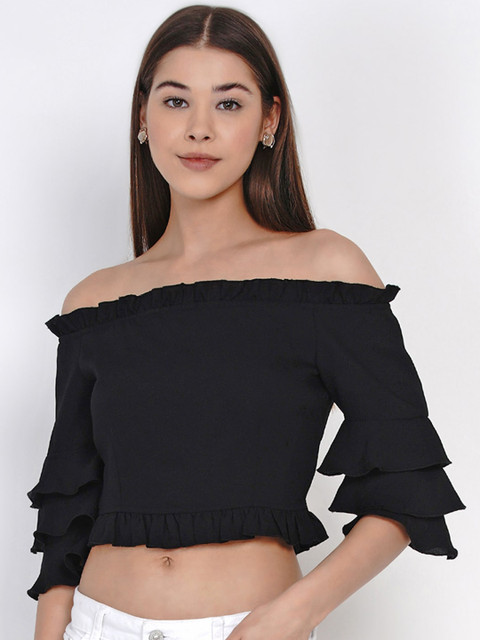 

Texco Black Off-Shoulder Styled Back Crop Top