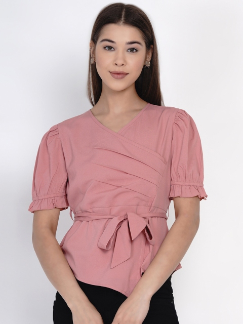 

Texco Pink Solid Belted Wrap Top