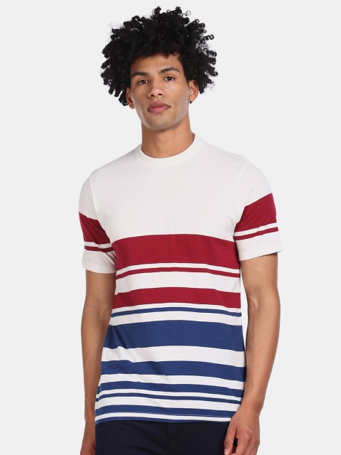 

Cherokee Men White & Blue Striped Pure Cotton T-shirt