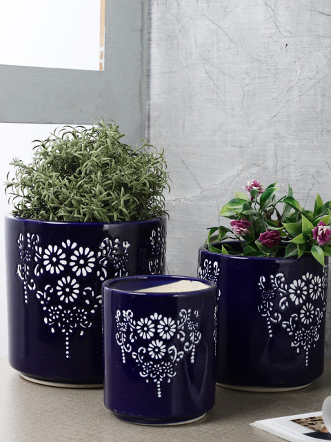 

The Decor Mart Set of 3 Hand Painted Ceramic Planters, Blue