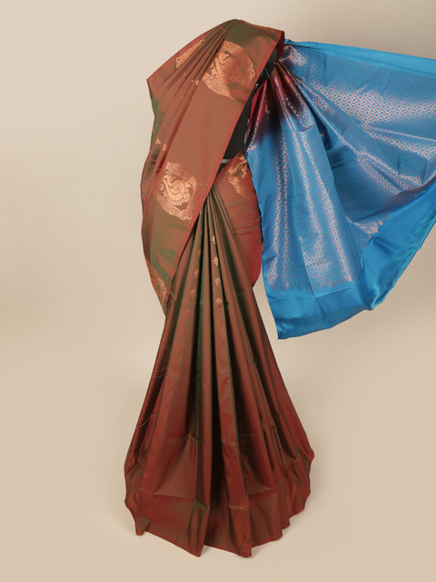 

Pothys Copper-Toned & Blue Floral Zari Art Silk Saree