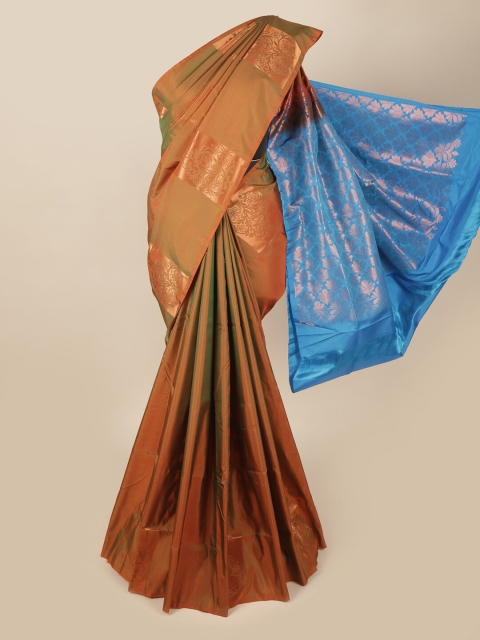 

Pothys Copper-Toned & Blue Floral Art Silk Saree