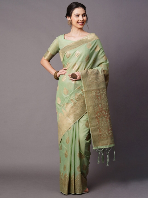 

Mitera Green & Gold-Toned Floral Silk Cotton Banarasi Saree