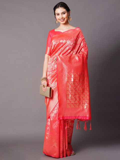 

Mitera Peach-Coloured & Gold-Toned Floral Woven Design Banarasi Saree
