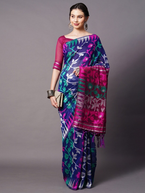 

Mitera Navy Blue Floral Printed Silk Cotton Saree
