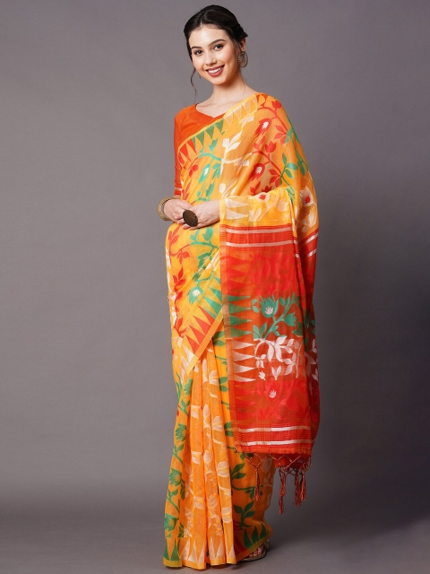 

Mitera Yellow & Red Floral Woven Design Silk Cotton Banarasi Saree