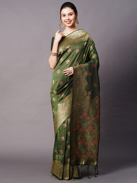 

Mitera Green & Gold-Toned Floral Silk Blend Banarasi Saree