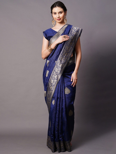 

Mitera Navy Blue & Silver-Toned Ethnic Motifs Silk Blend Banarasi Saree