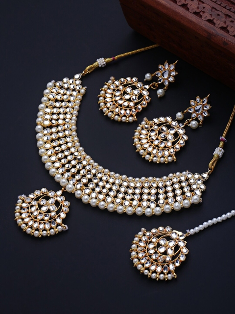 

Shining Diva Gold-Plated White Kundan-Studded & Beaded Jewelry Set