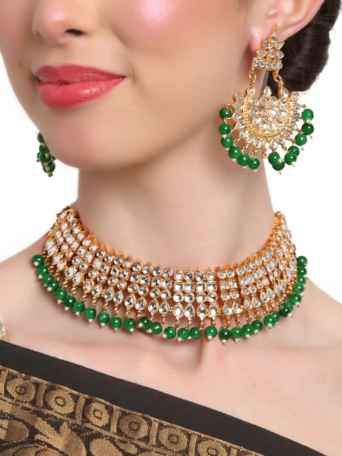 

Shining Diva Gold-Plated White & Green Kundan-Studded & Beaded Jewellery Set
