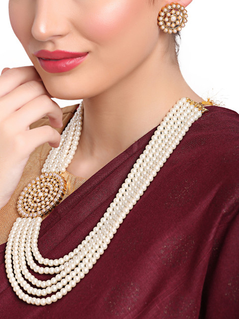 

Shining Diva White Pearl Beaded Long Necklace with Matching Earrings