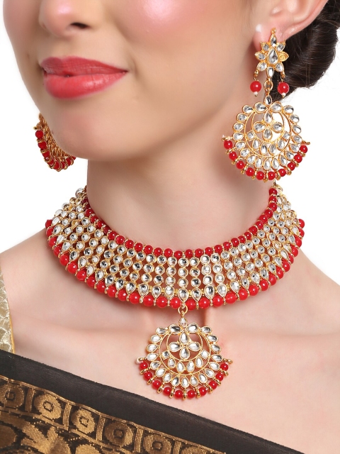 

Shining Diva Gold-Plated & White Kundan-Studded & Red Beaded Jewellery Set