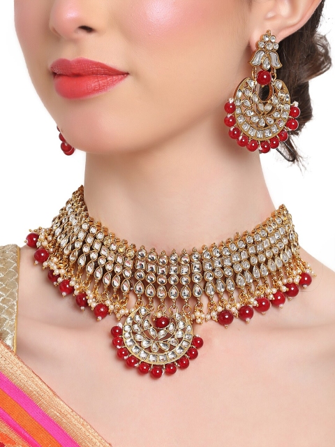 

Shining Diva Red Gold-Plated Kundan Studded Jewellery Set