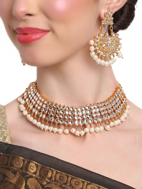 

Shining Diva Gold-Plated & White Kundan-Studded & Beaded Jewellery Set